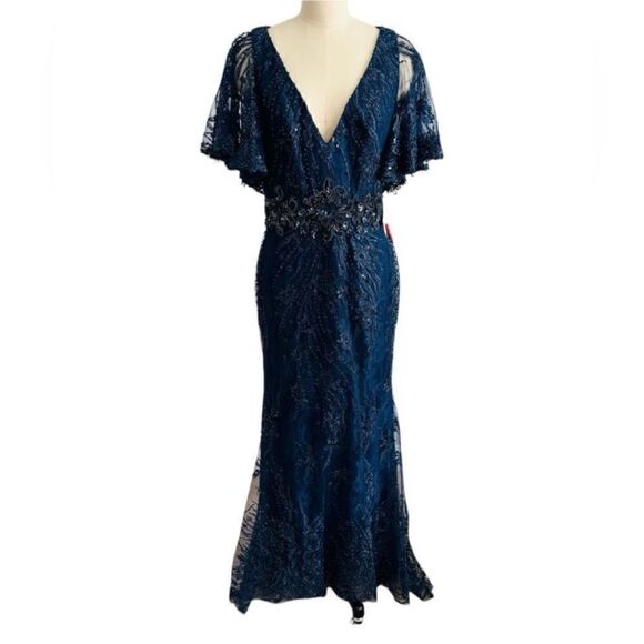 Mac Duggal 67493 Navy Blue Lace Beaded Sheer Flutter Sleeve Gown| Size 10 - Picture 5 of 14